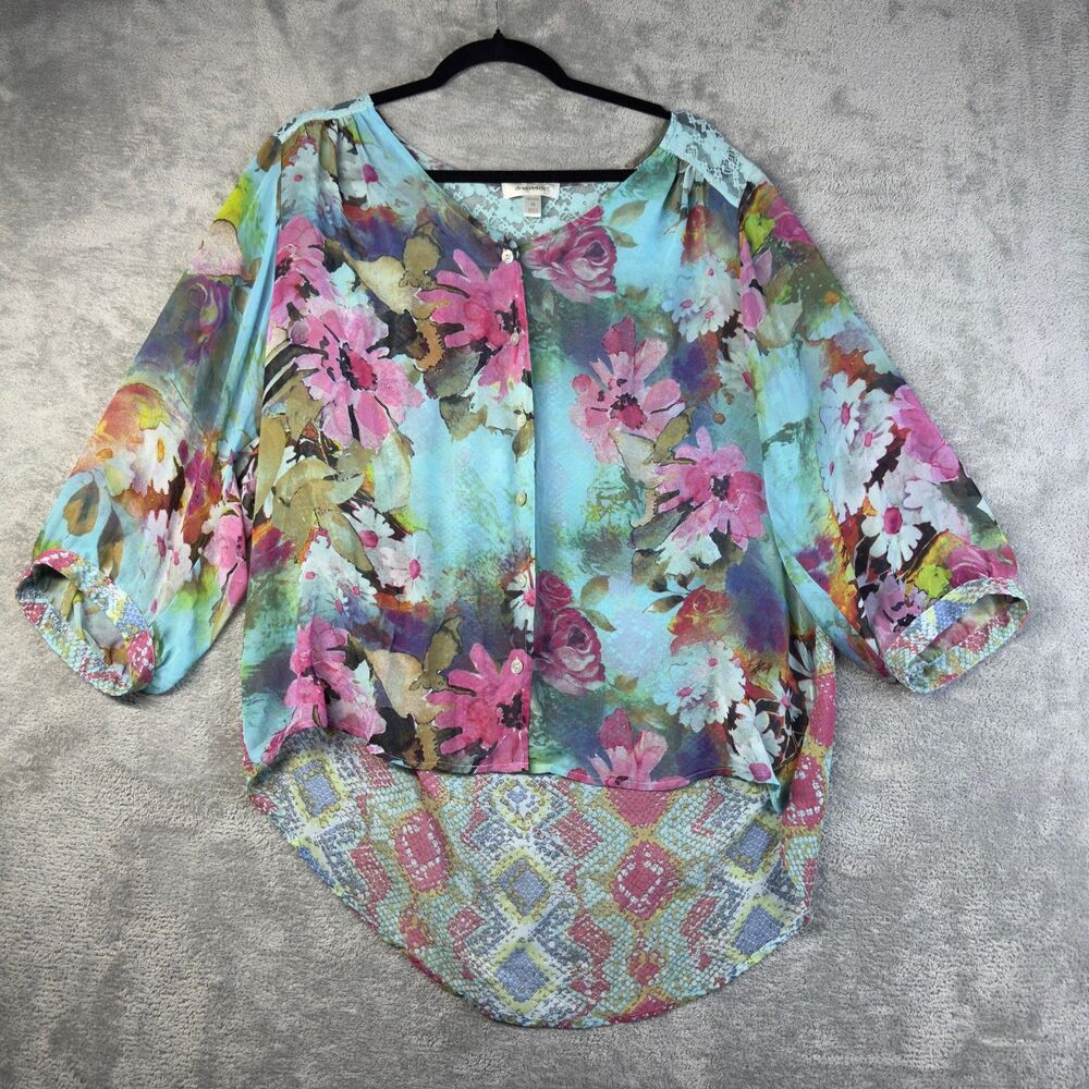 Dressbarn Top Womens 1X Blue Watercolor Long Blouson Sleeve Floral Button Up